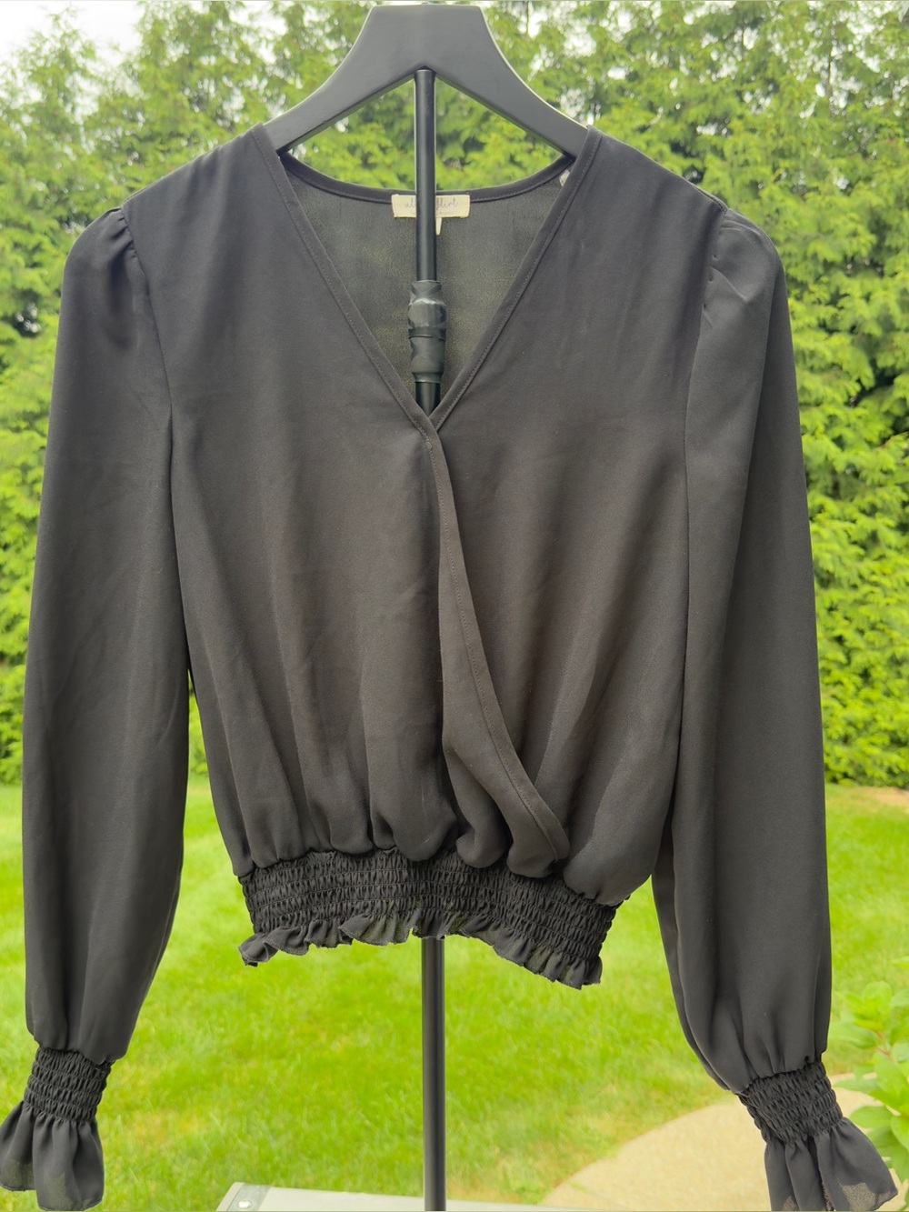 Women's Black Smocked-Waist V-Neck Blouse